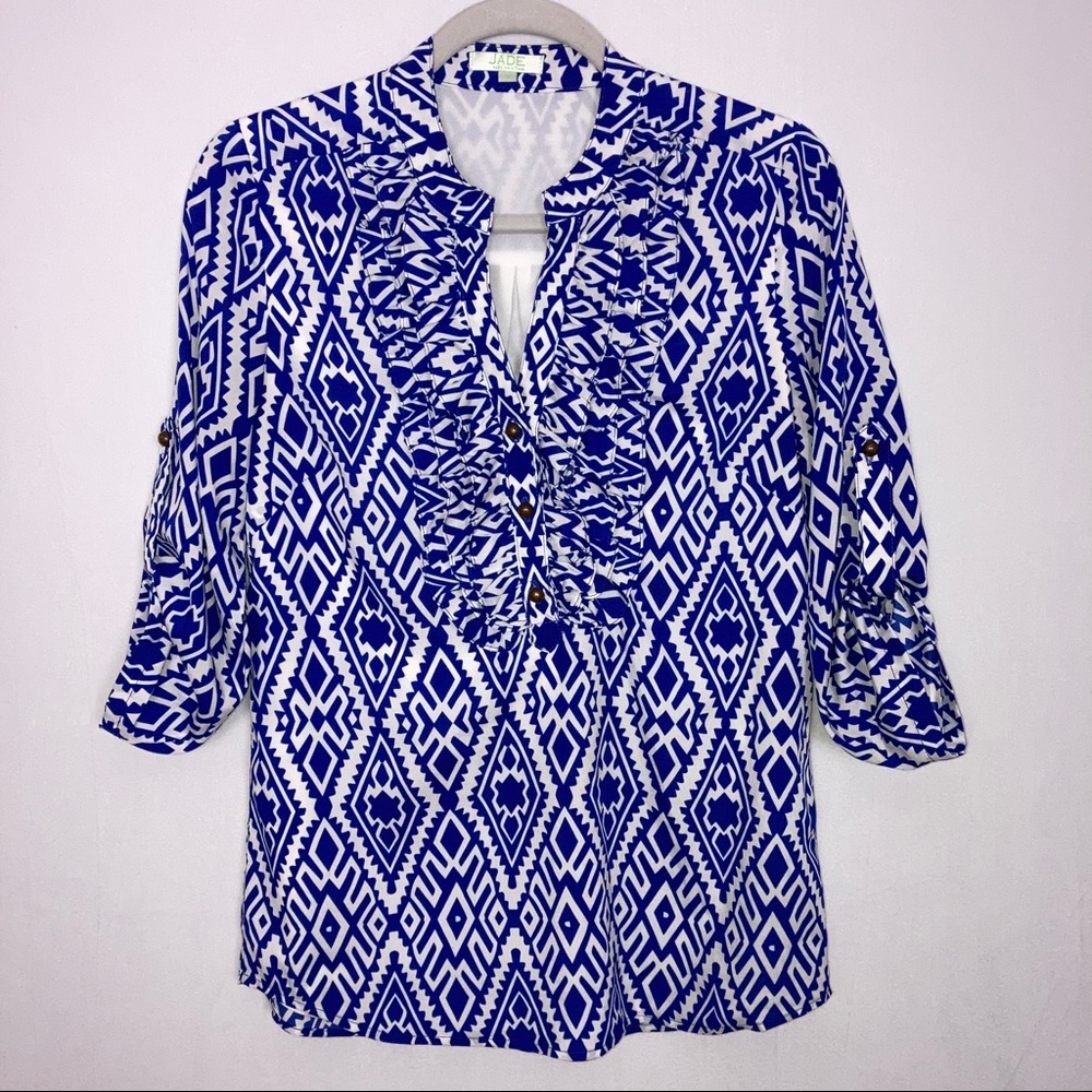 Jade by Melody Tam blue white ruffle blouse Sz S